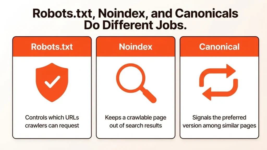Robots.txt, Noindex, and Canonicals Do Different Jobs
